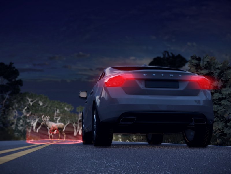 Volvo Licht bei Nacht Volvo bremst nachts automatisch vor einem Elch mit rot leuchtender Warnmarkierung auf der Straße.